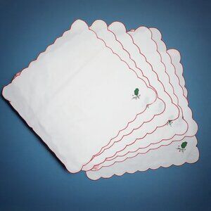 Vintage Christmas Scalloped Square White Napkins Embroidered Holly Holiday  x 6